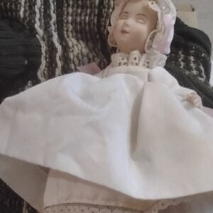 Vintage Porcelain Doll in White Dress